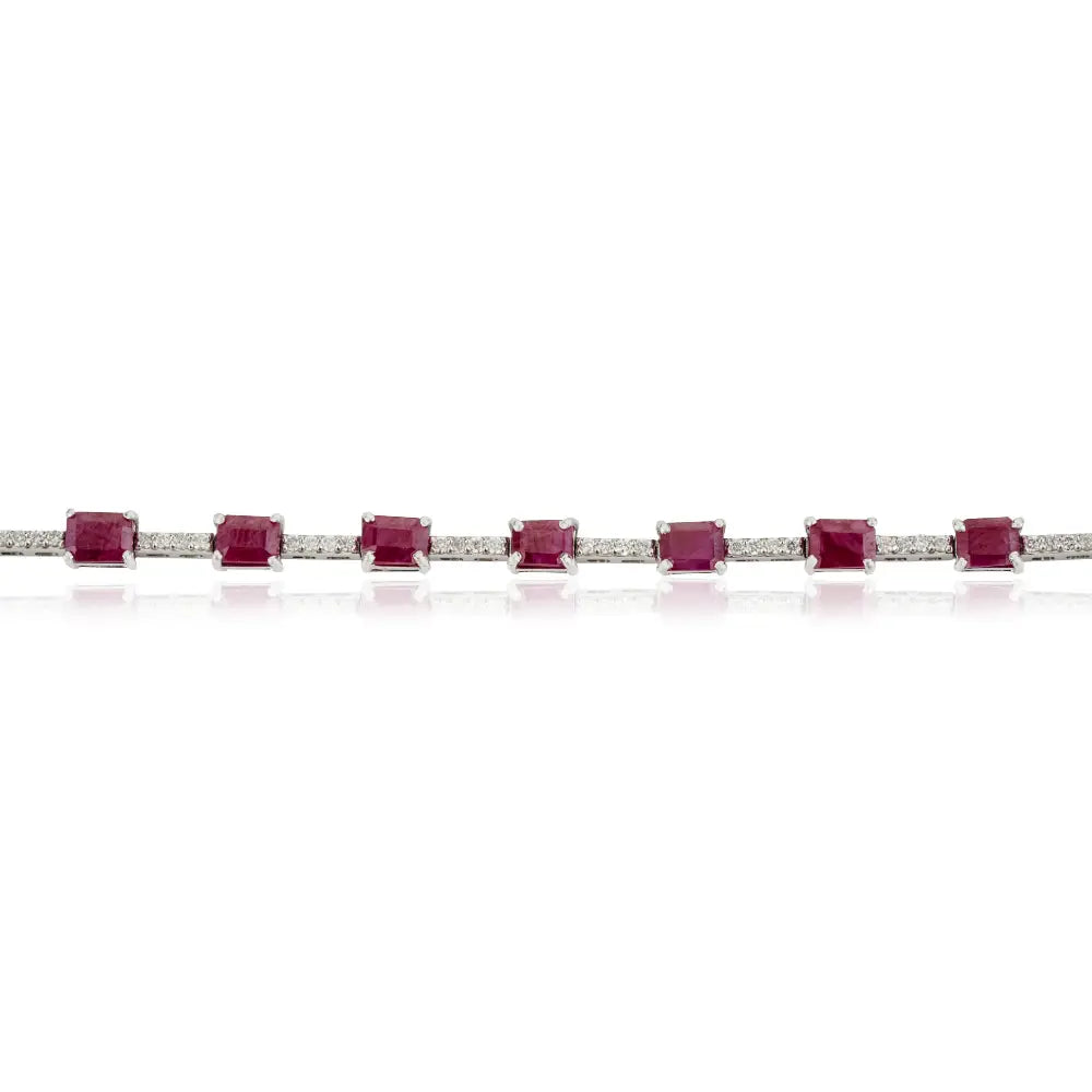 Simple Elegant Design 14K Real White Gold Ruby & Diamond Sleek Tennis Bracelet For Women