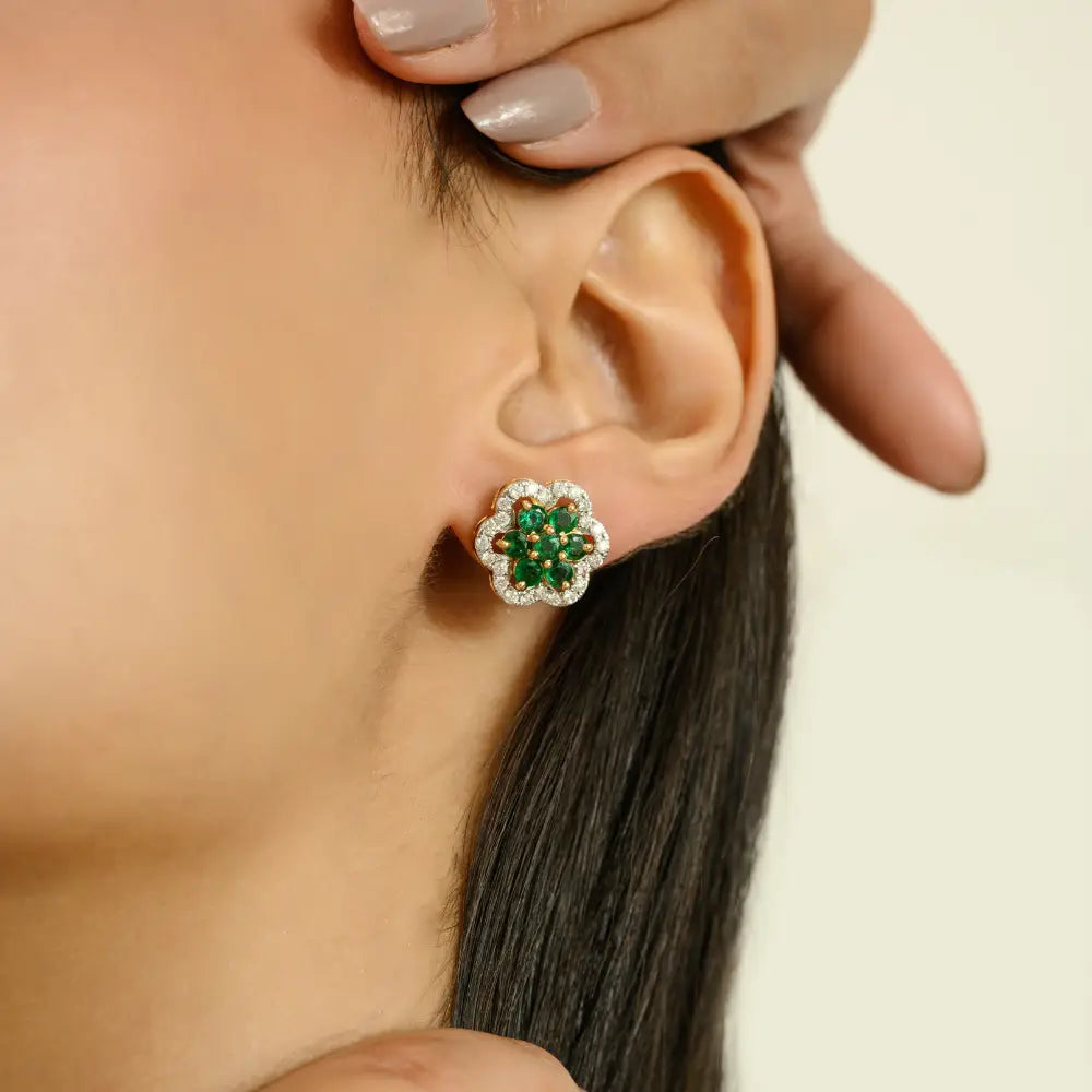 Round Cut Emerald & Diamond Flower Statement Stud Earrings Unique Design 18K Yellow Gold