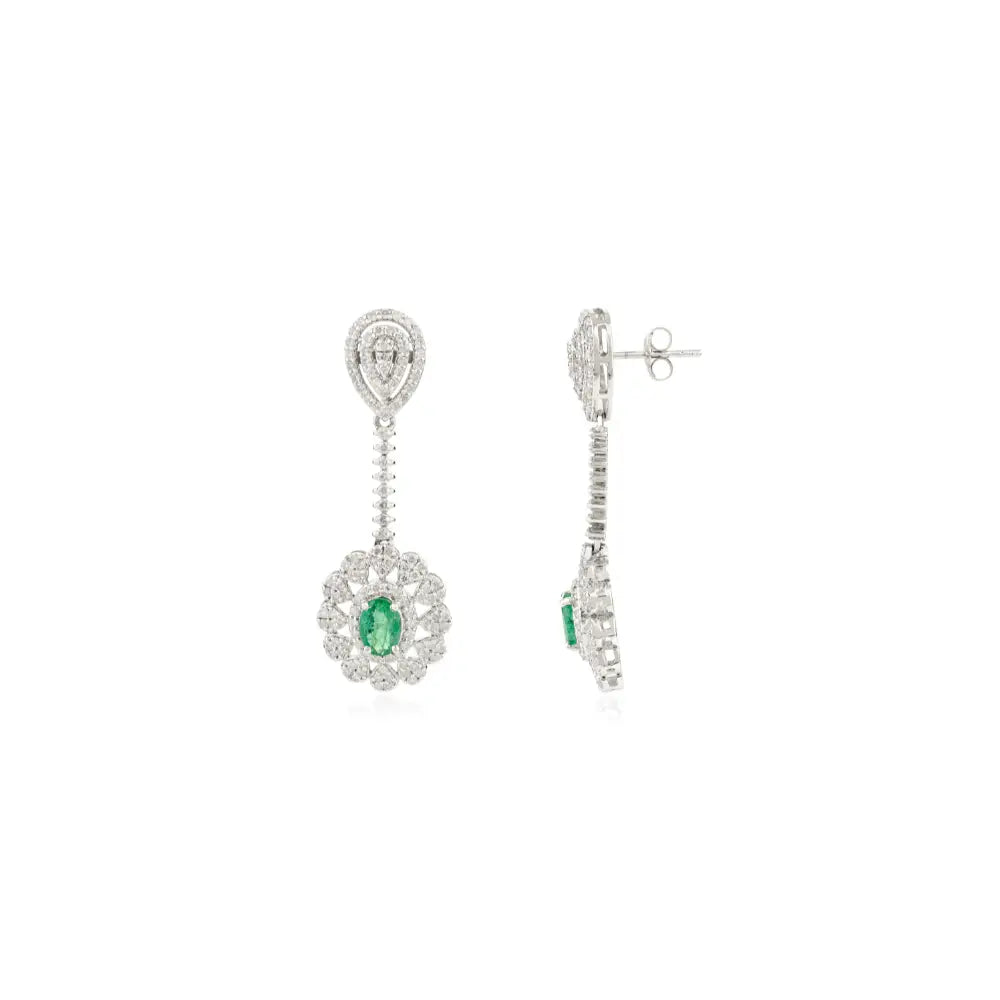 Statement Fine Jewelry Natural Emerald & Diamond Dangle Earrings Real K14 White Gold