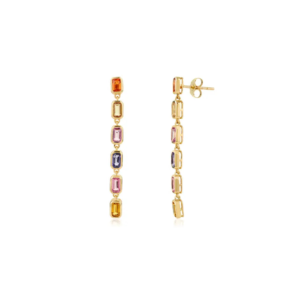 Rainbow Colorful Multi Sapphire Pure 14K Yellow Gold Long Dangling Earrings Trending Jewelry