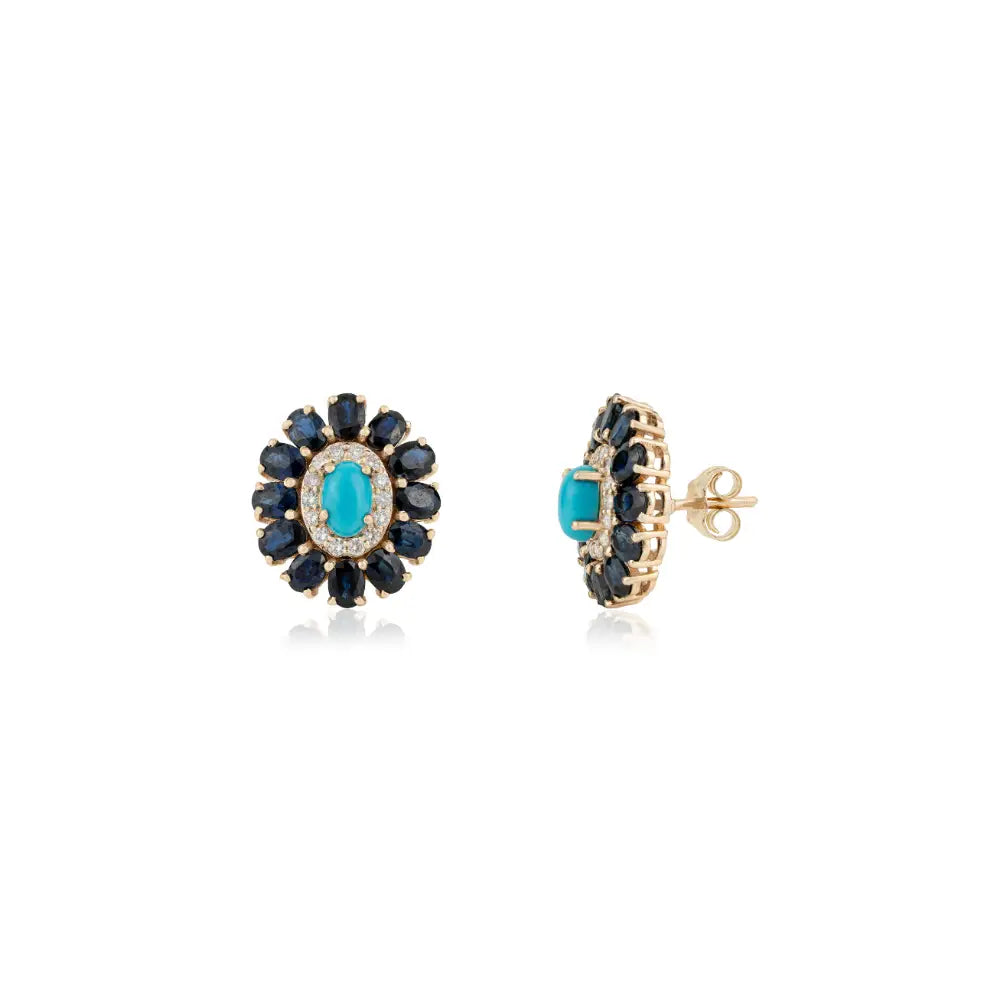 Natural Gemstone Blue Sapphire Turquoise & Diamond K14 Yellow Gold Halo Floral Stud Earrings