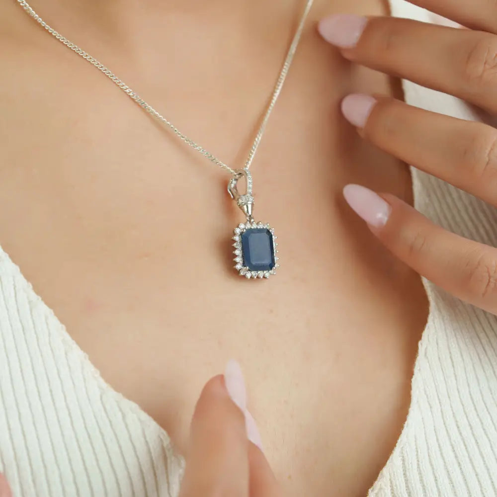 Blue Sapphire & Diamond Openable Lock Statement Cluster Pendant Newly 14K White Gold Jewelry