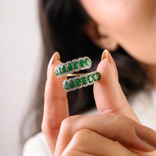 Zambian Emerald & Diamond Fine Bypass Ring 14K Real Yellow Gold Wedding Bridal Jewelry