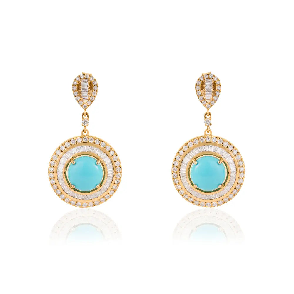Cabochon Cut Turquoise & Diamond Double Halo Drop Earrings For Wedding 14K Yellow Gold