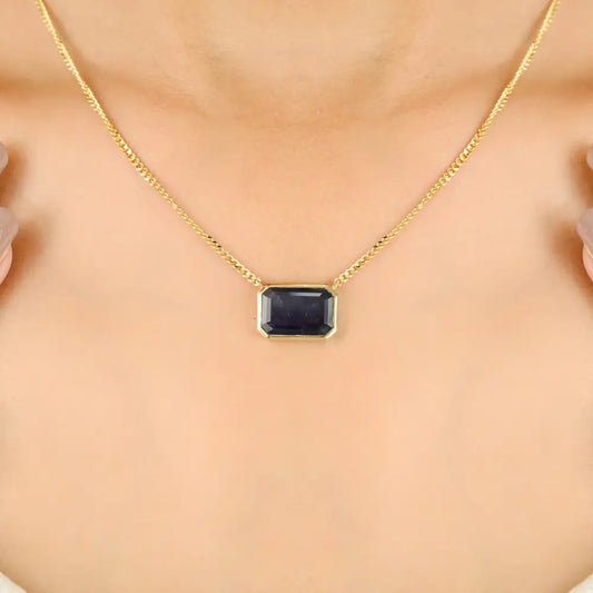 14X9.5 MM Blue Sapphire Solid 14K Yellow Gold Curb Link Chain Solitaire Pendant Necklace