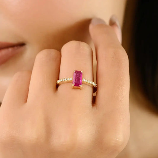 100% Genuine Prong Setting Ruby & Diamond Gemstone Ring Trending 14K Yellow Gold Jewelry