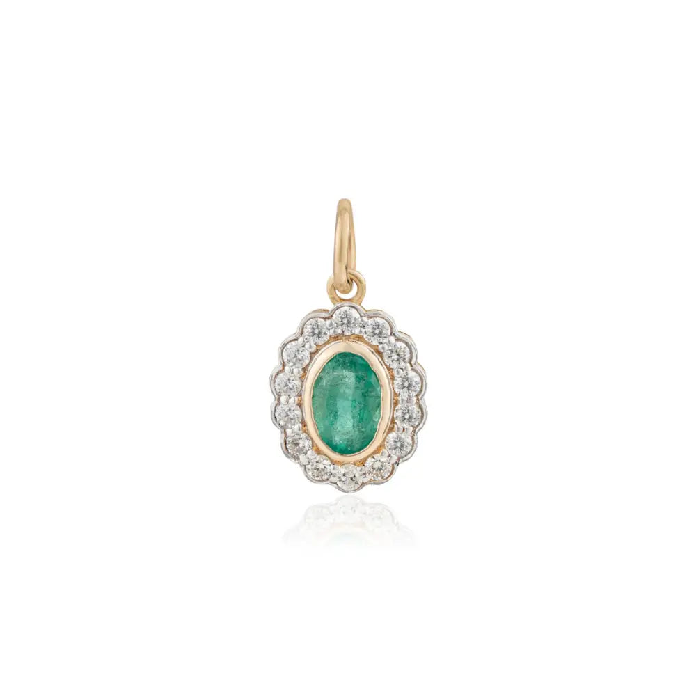 Bezel Set Emerald & Diamond 14K Solid Yellow Gold Cluster Pendant For Women Fine Jewelry
