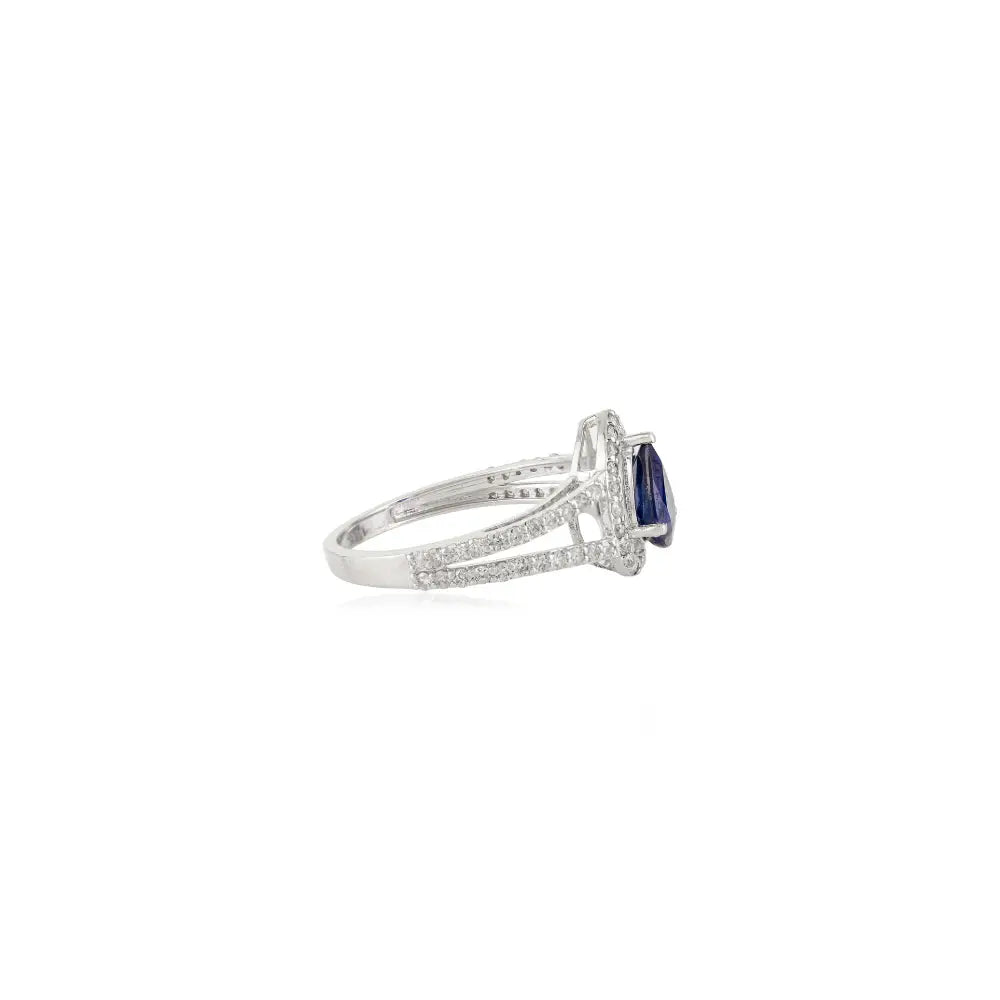 Latest Design Fine Blue Sapphire & Diamond Split Shank Ring 14K Pure White Gold Jewelry