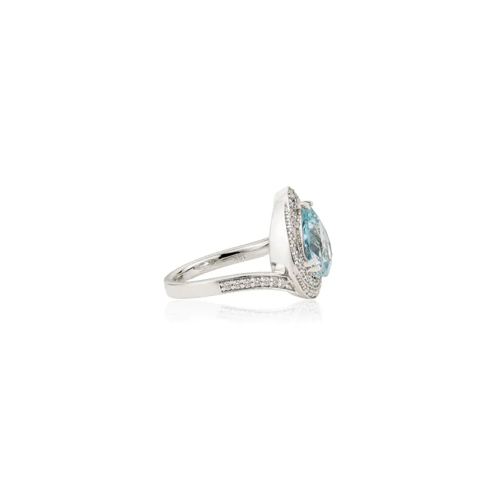 Pear Shape Aquamarine & Diamond Double Halo 18K White Gold Cocktail Ring Custom Jewelry