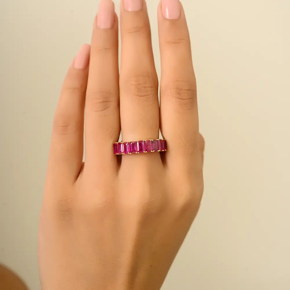 100% Genuine Octagon Cut Ruby Half Eternity Band Ring 14K Solid Yellow Gold Women Jewelry