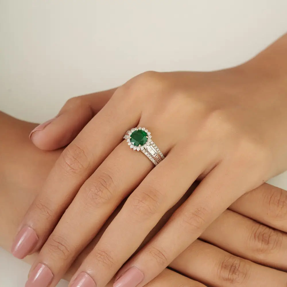 Statement Emerald & Diamond 14K Real Yellow Gold Wedding Band Ring New Arrivals Jewelry