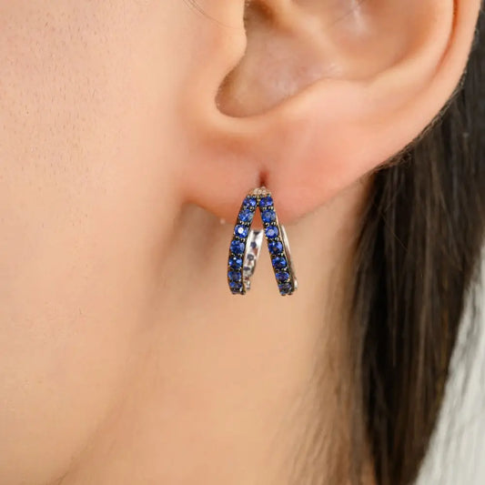 September Birthstone Natural Blue Sapphire Solid 14K White Gold Hoop Earrings