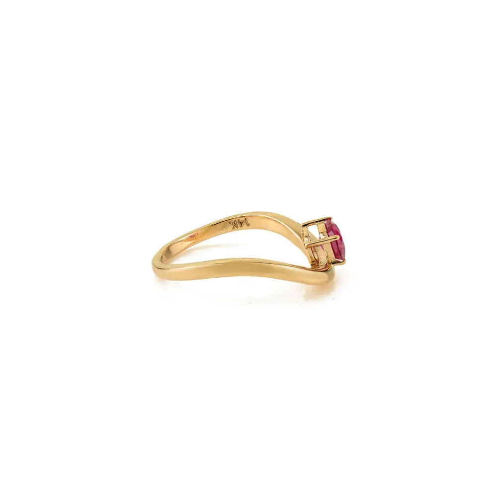 Prong Setting Natural Ruby Gemstone Simple Wavy Ring Pure 14K Yellow Gold Gift For Her