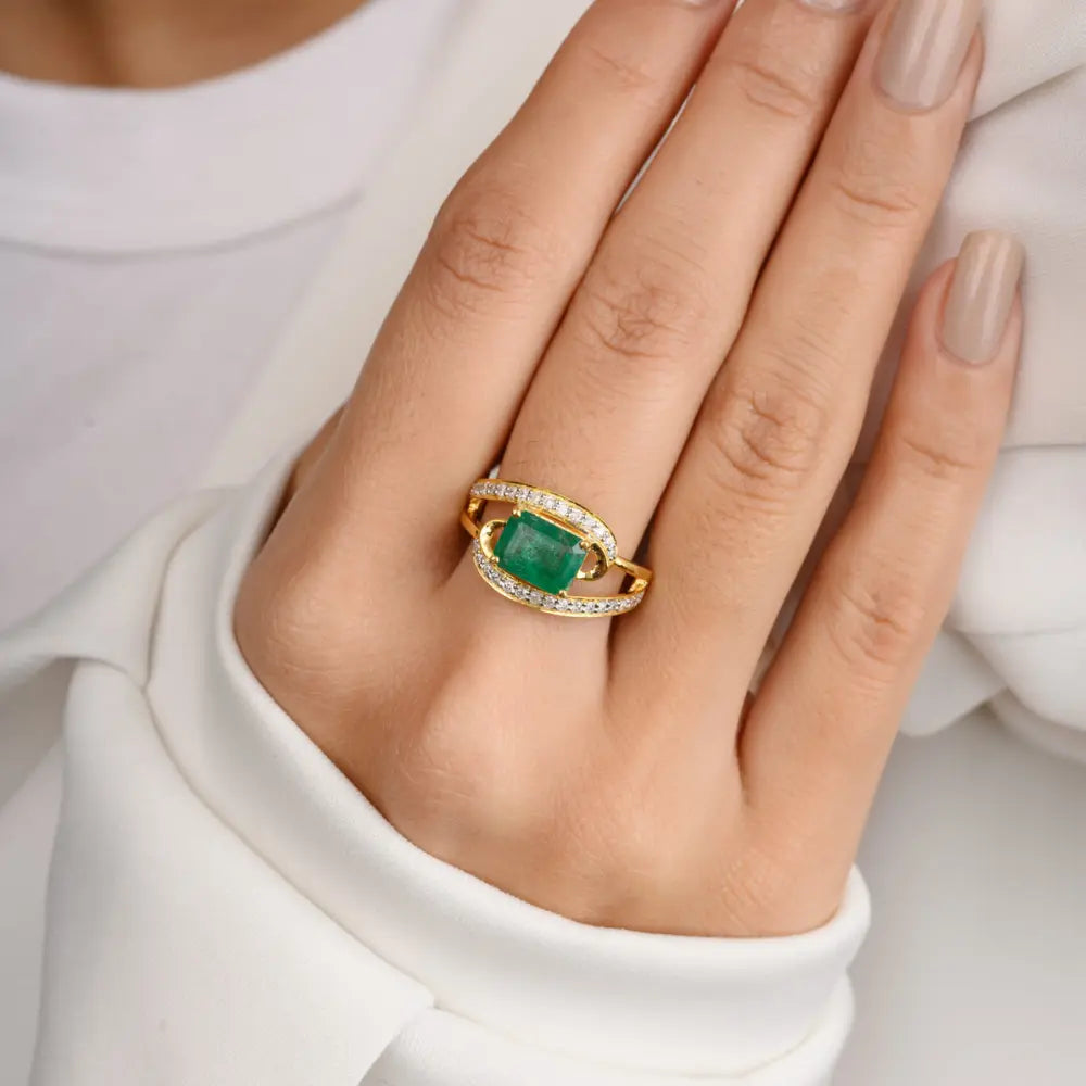 Octagon Shape Emerald & Diamond Solid 18K Yellow Gold Ring