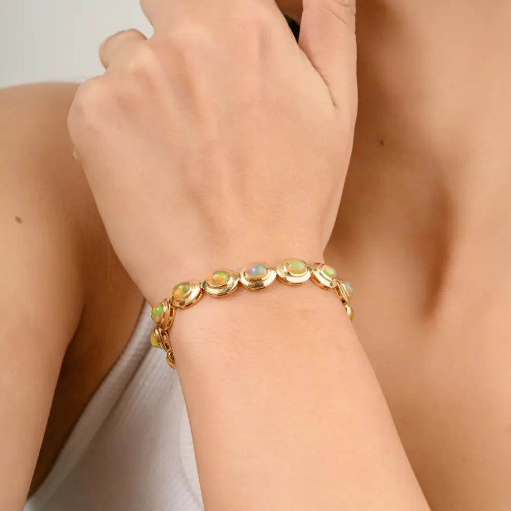 Unique Design 14K Yellow Gold Oval Shape Opal Tennis Bracelet Handmade October Birthstone
