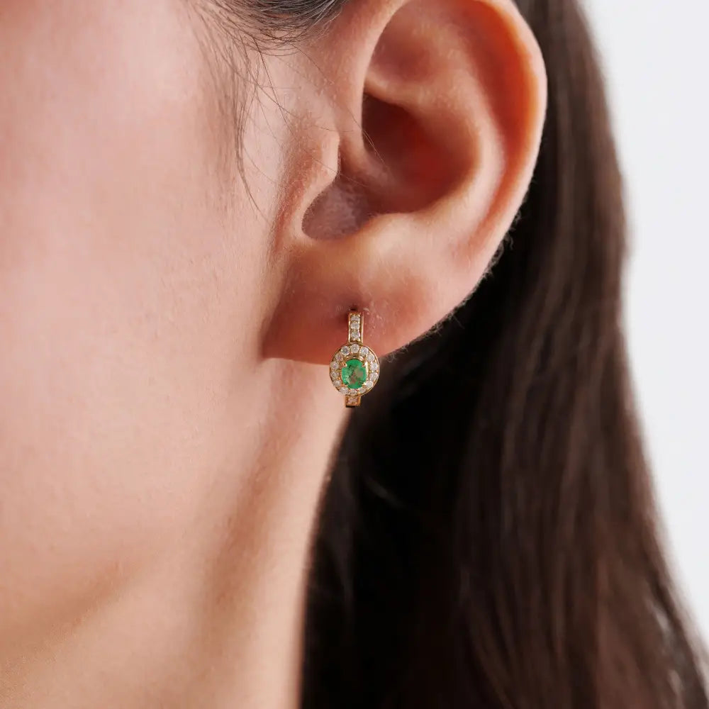 Latest Dainty Design Emerald & Diamond 14K Yellow Gold Mini Hoop Earrings Daily Wear Jewelry