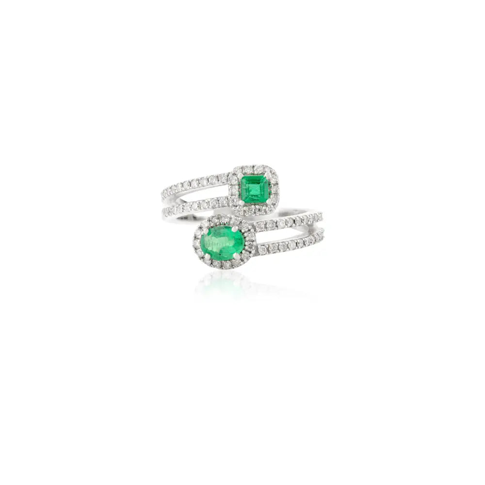 Jewelry Manufacturer Natural Emerald & Diamond 18K White Gold Bypass Ring