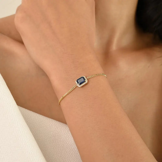 Prong Setting Blue Sapphire & Diamond 14K Solid Gold Cuban Chain Halo Bracelet Unisex