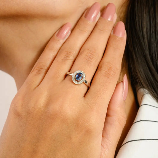 Explore Blue Sapphire & Diamond 14K Solid White Gold Halo Ring Handmade Fine Jewelry