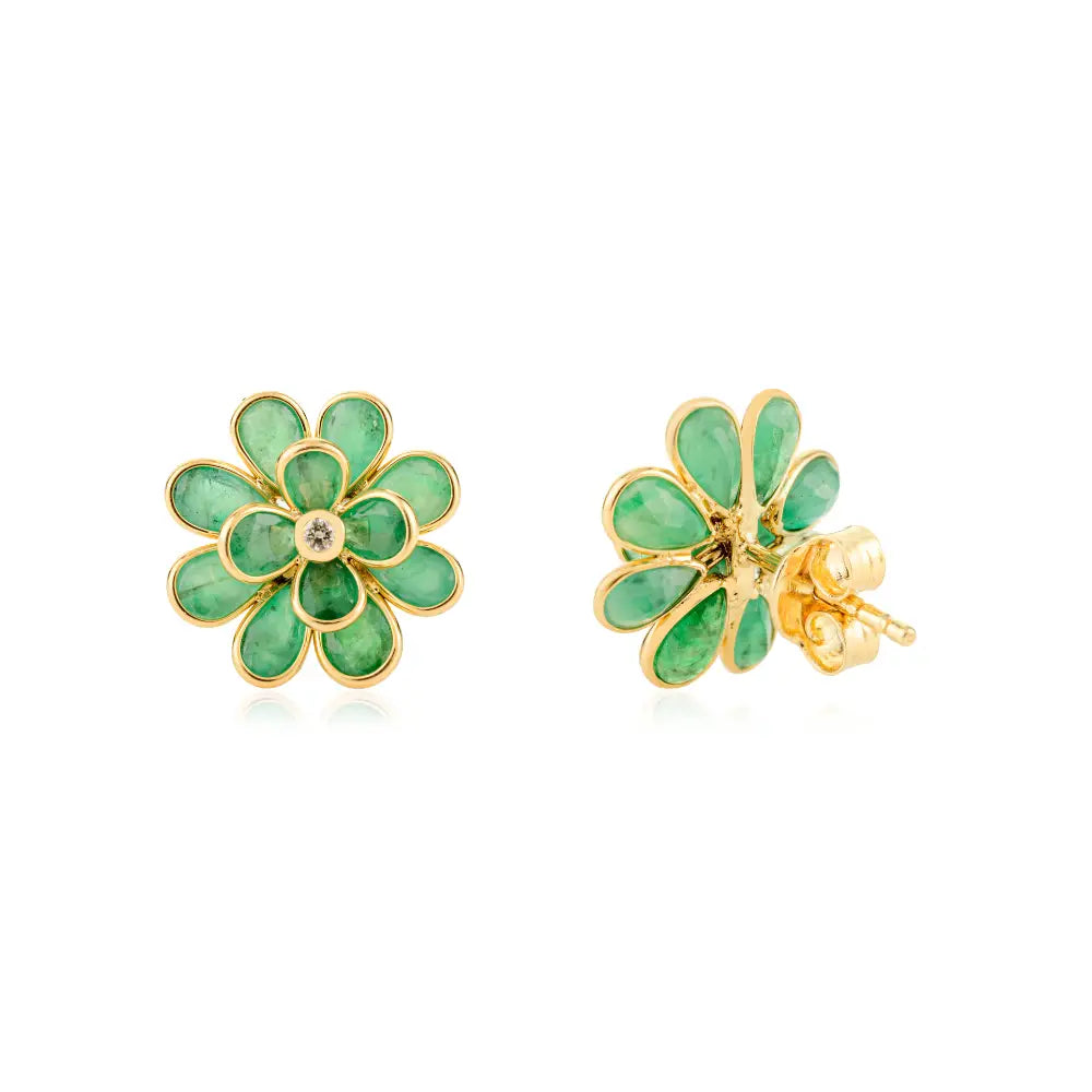 Unique Design Emerald & Diamond Flower Shape Stud Earrings 18K Yellow Gold Jewelry