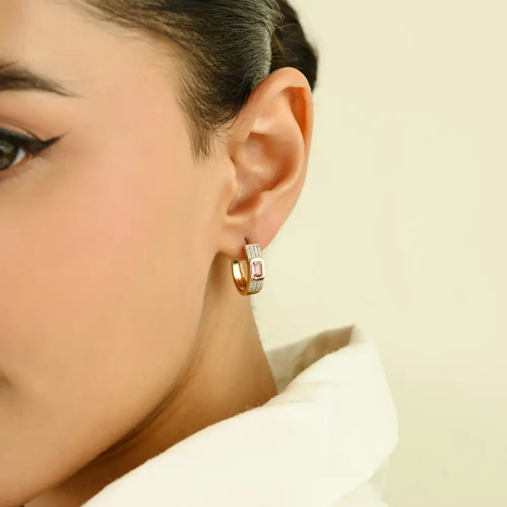 Pink Sapphire & Diamond 14K Yellow Gold Fine Hoop Earrings Customized Gemstone Jewelry