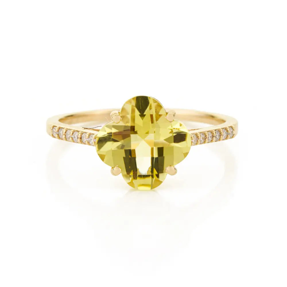 Semi Precious Gemstone Lemon Topaz & Diamond Flour Leaf Clover Shape Ring 14K Gold