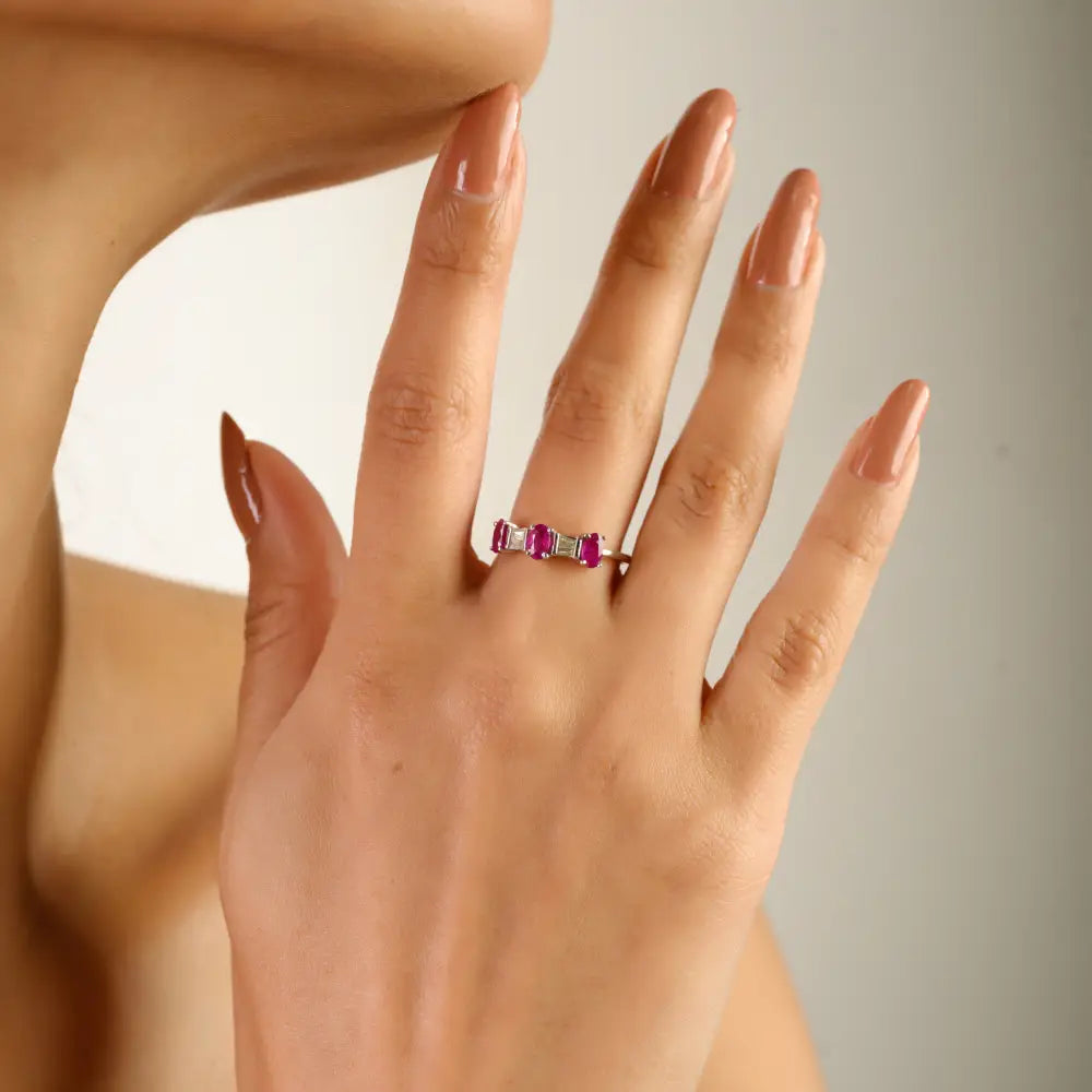 July Birthstone Ruby & Diamond Three Stone Ring Handcrafted 14K Real White Gold Jewelry