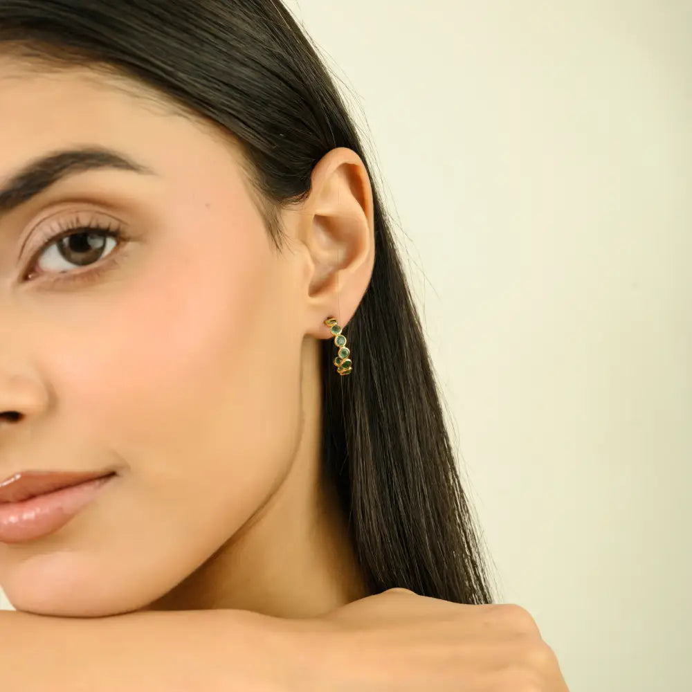 18K Real Yellow Gold Emerald Dainty C Hoop Earrings May Birthstone Everyday Jewelry