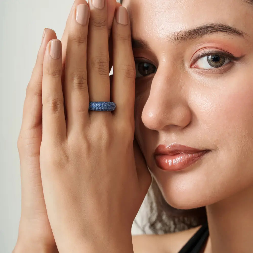Full Pave Set Blue Sapphire 14K Solid White Gold Chunky Dome Ring For Unisex Custom Jewelry