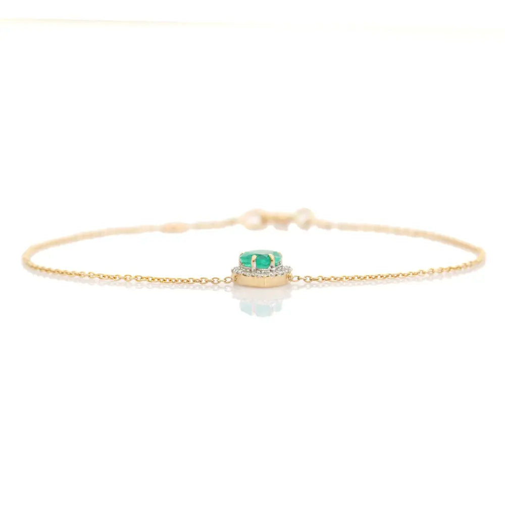 Heart Shape Emerald & Round Cut Diamond 14K Solid Yellow Gold Solitaire Halo Bracelet