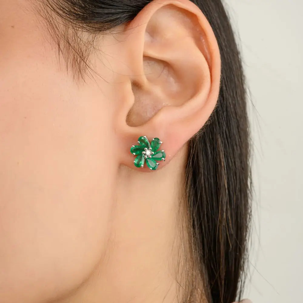 Everyday Jewelry Pear Cut Emerald & Diamond White Gold Flower Stud Earrings