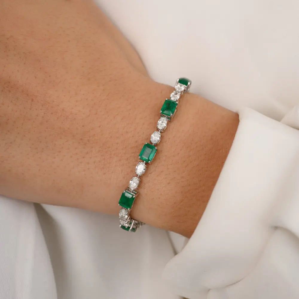 Precious Gemstone Jewelry 18K White Gold Emerald & Diamond Bracelet