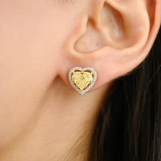100% Natural White & Yellow Diamond Heart Shape Stud Earrings Valentine's Day Gift