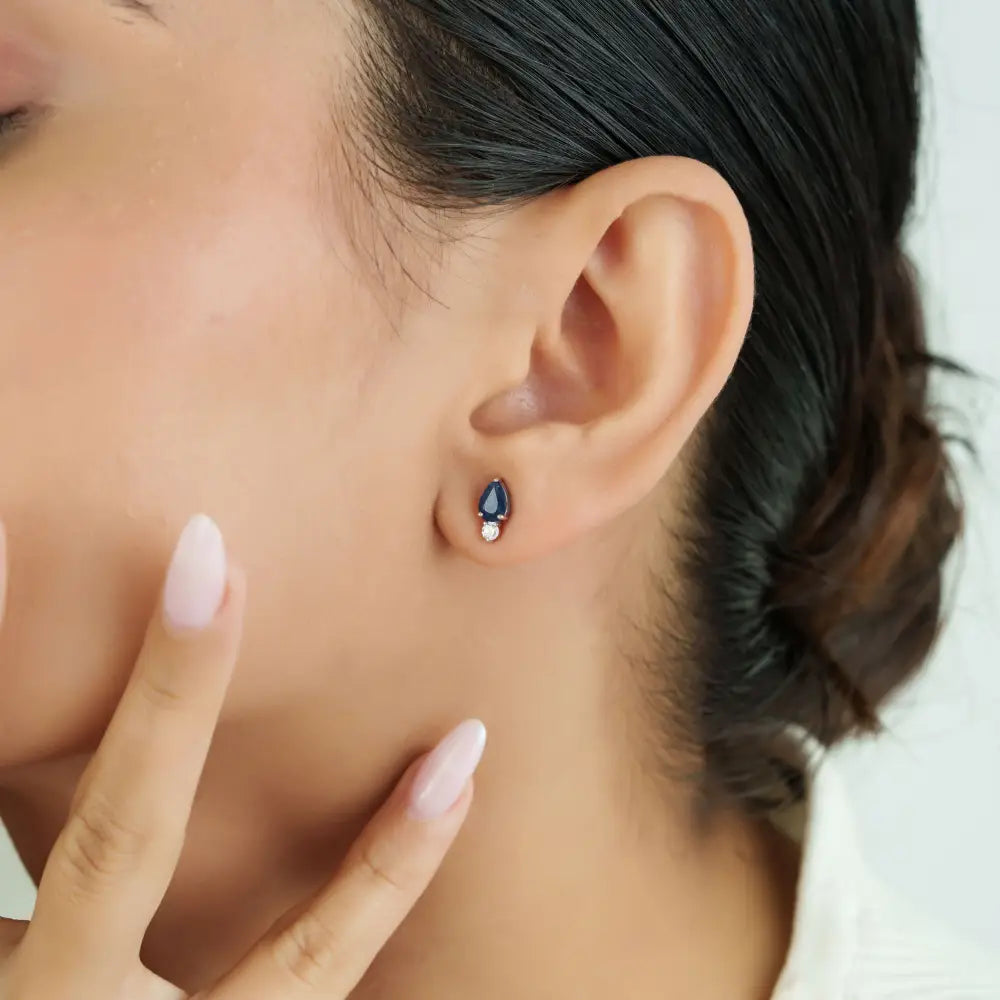 6x4mm Pear Cut Blue Sapphire & Diamond Small Dainty Stud Earrings 14K White Gold Jewelry
