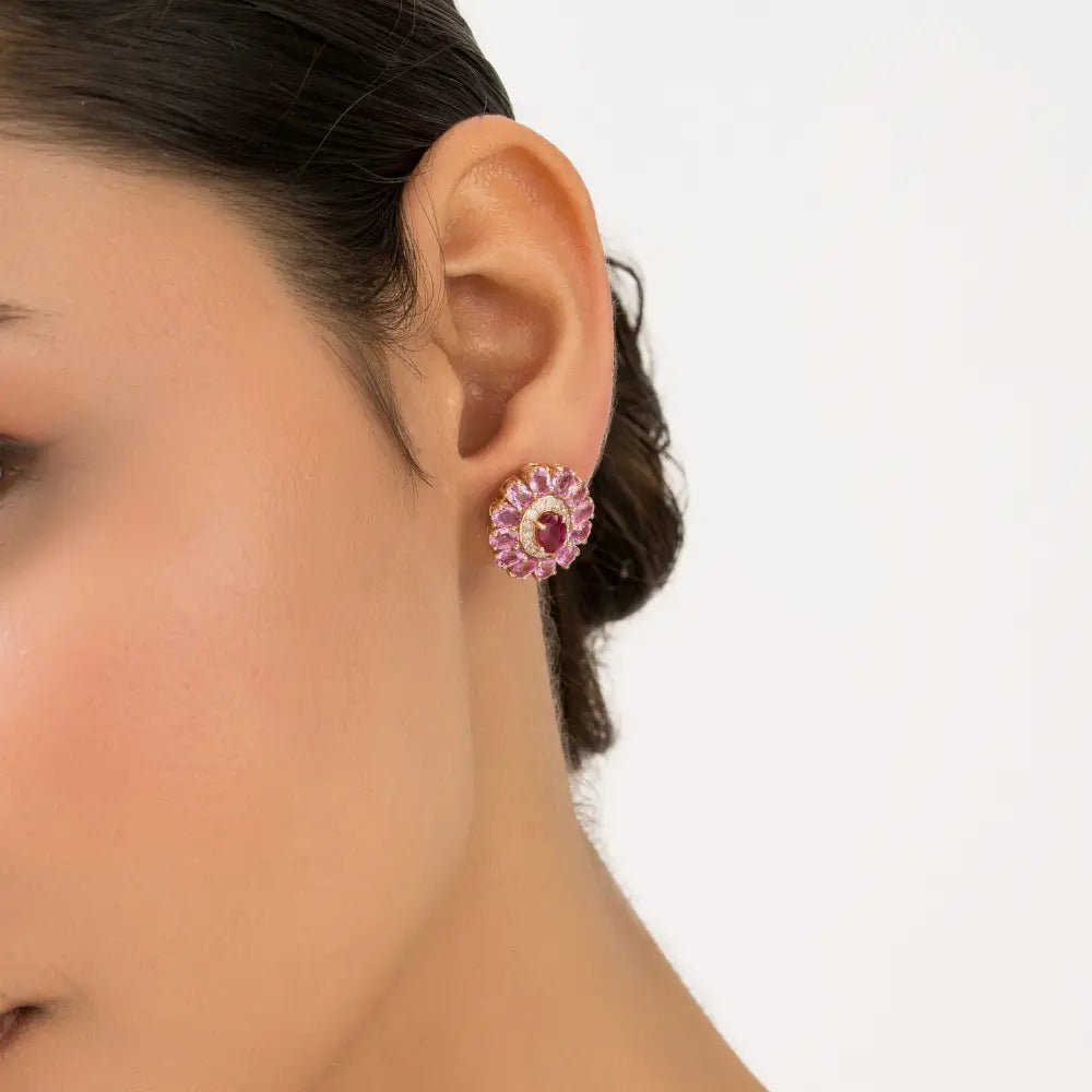 Ruby Pink Sapphire & Diamond Statement Floral Shape Halo Stud Earrings 14K Pure Yellow Gold