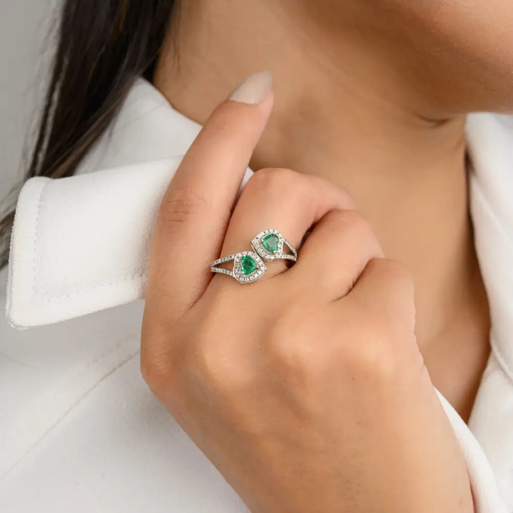 Heart Shape Emerald & Round Diamond Solid 18K White Gold Bypass Ring