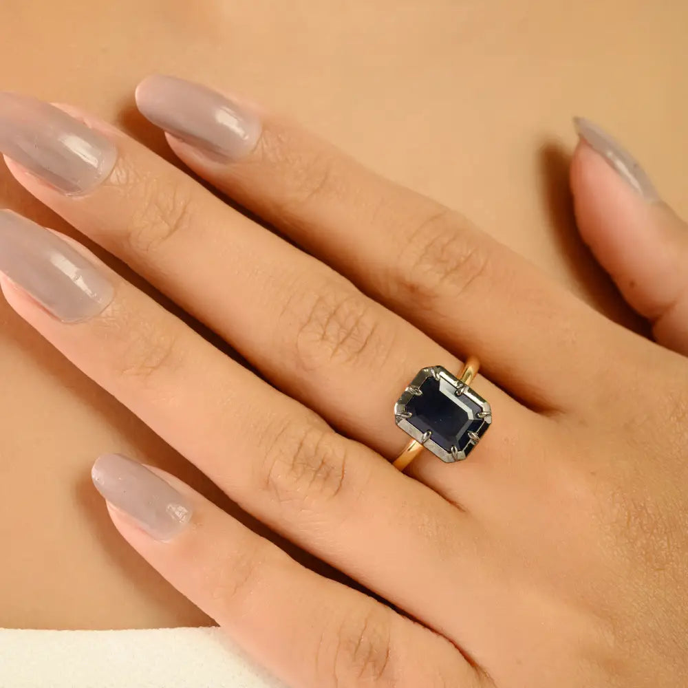 September Birthstone Blue Sapphire Black Rhodium Plated Solitaire Gemstone Ring 18K Gold