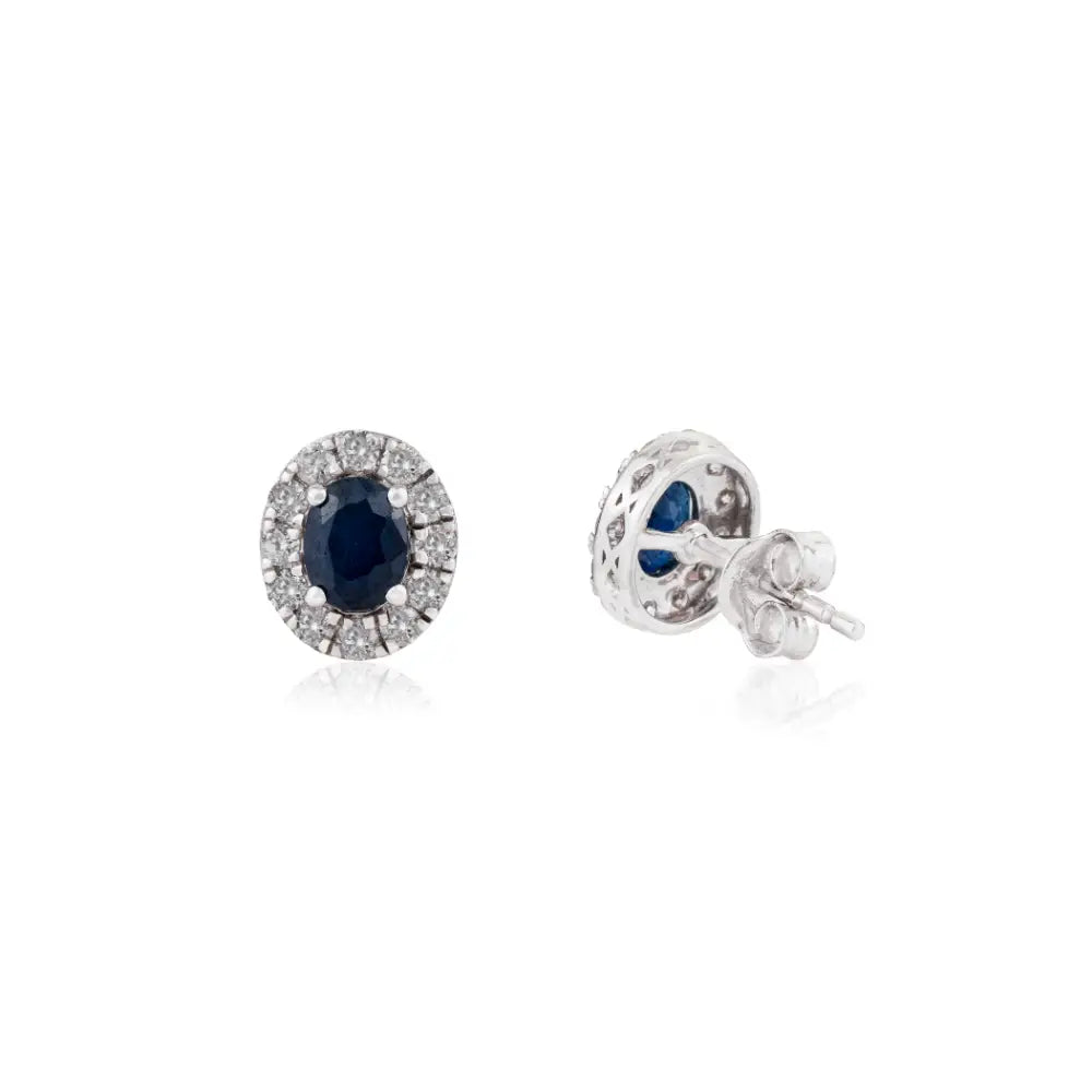 Oval Shape Blue Sapphire & Round Cut Diamond K14 White Gold Halo Stud Earrings For Women's