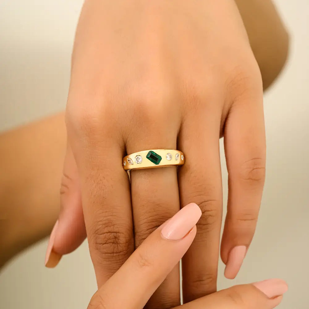 Unique Zambian Emerald & Diamond 18K Solid Yellow Gold Chunky Dome Ring Trendy Jewelry