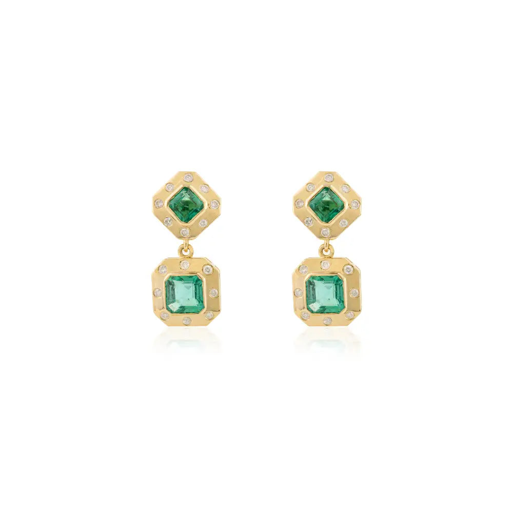 Luxury Jewelry K18 Yellow Gold Natural Emerald & Diamond Dangle Earrings