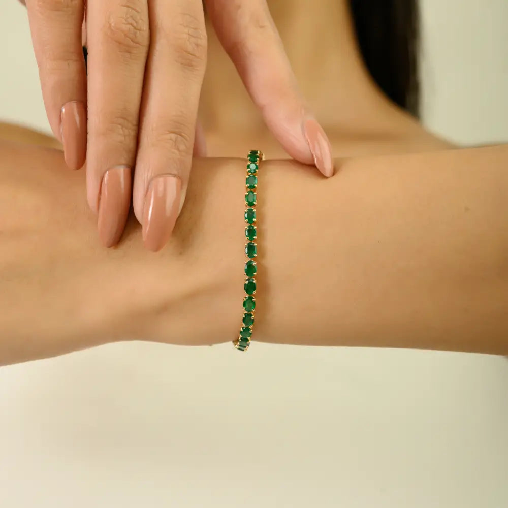 May Birthstone Emerald Handmade Tennis Bracelet For Unisex Simple 14K Solid Gold Jewelry