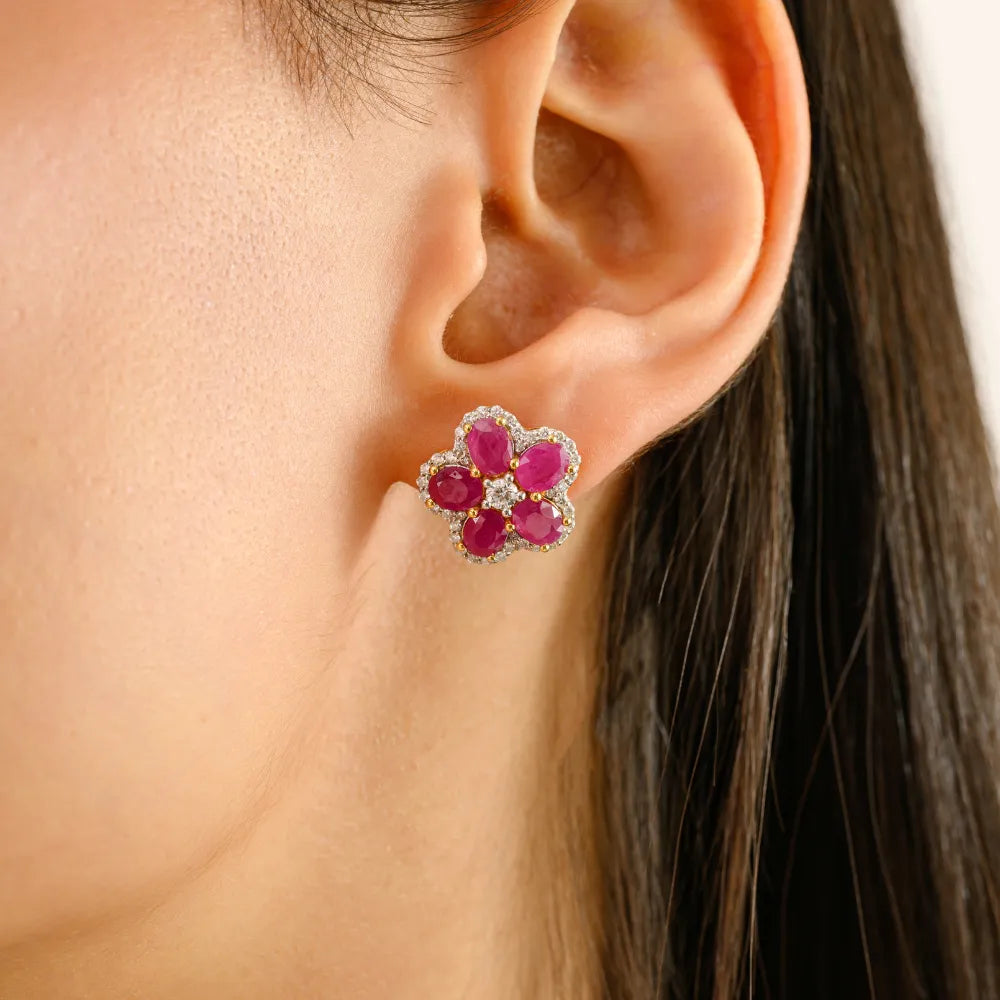 K14 Real Yellow Gold Ruby & Diamond Flower Shape Stud Earrings For Women Unique Design