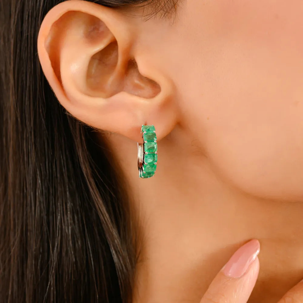 Precious Gemstone Natural Emerald Small Hoop Earrings Solid 14K White Gold Fine Jewelry