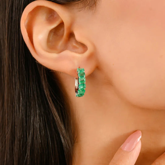 Precious Gemstone Natural Emerald Small Hoop Earrings Solid 14K White Gold Fine Jewelry