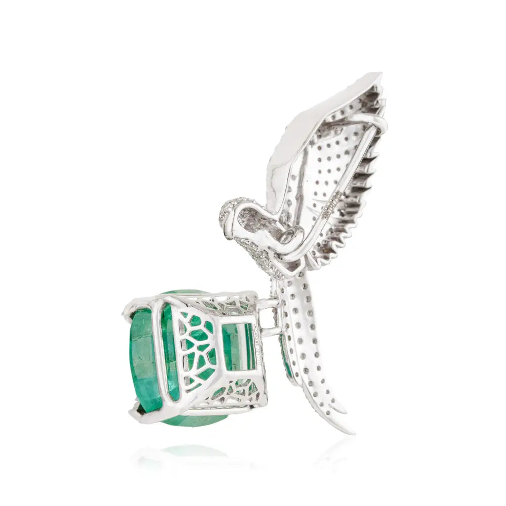 Nature Inspired Zambian Emerald & Diamond 14K White Gold Flying Bird Brooch For Wedding