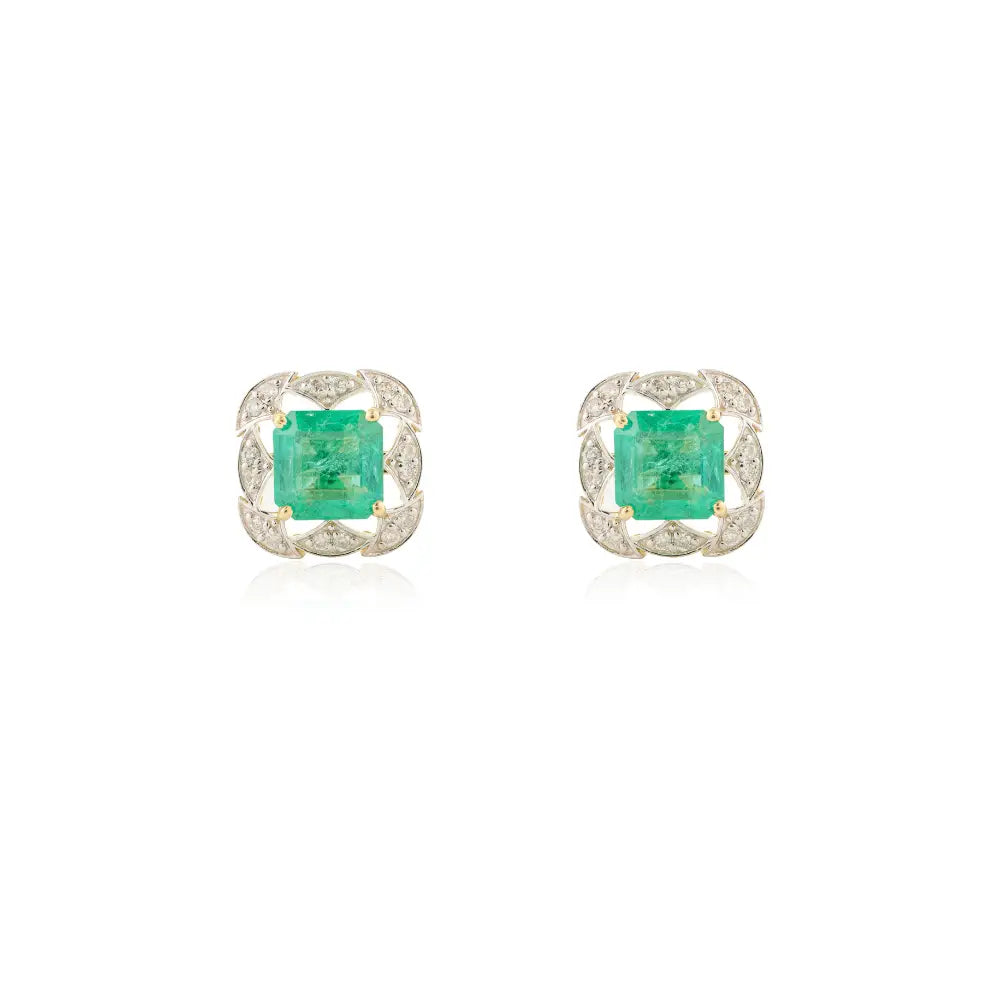 New Arrival Genuine Emerald & Diamond Solid K18 Yellow Gold Stud Earrings