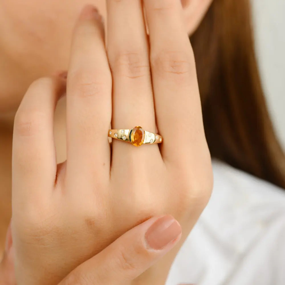 Genuine Citrine & Diamond 14K Solid Yellow Gold November Birthstone Ring