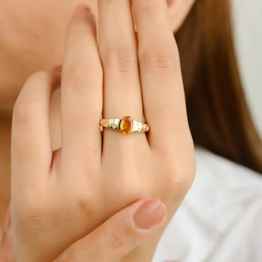 Genuine Citrine & Diamond 14K Solid Yellow Gold November Birthstone Ring