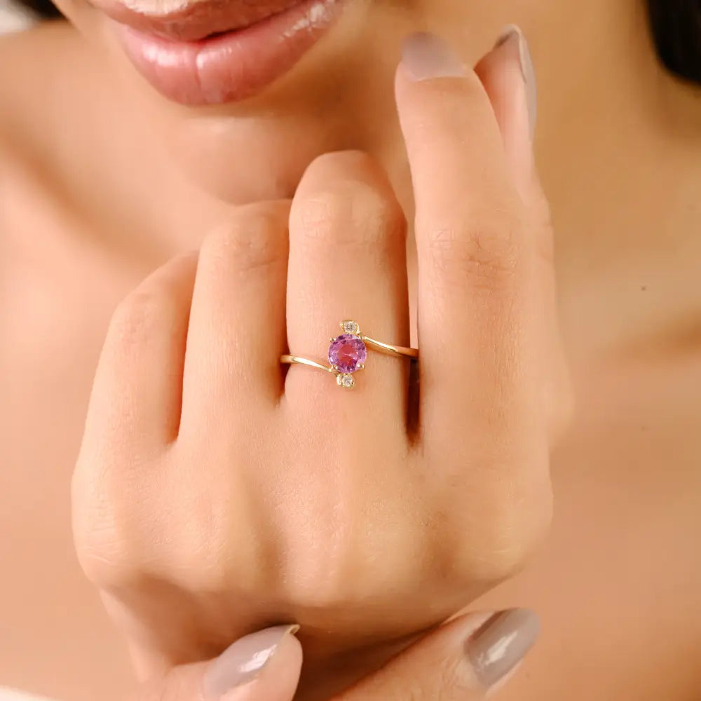 Round Cut Pink Sapphire & Diamond 14K Solid Yellow Gold Minimal Gemstone Ring For Women