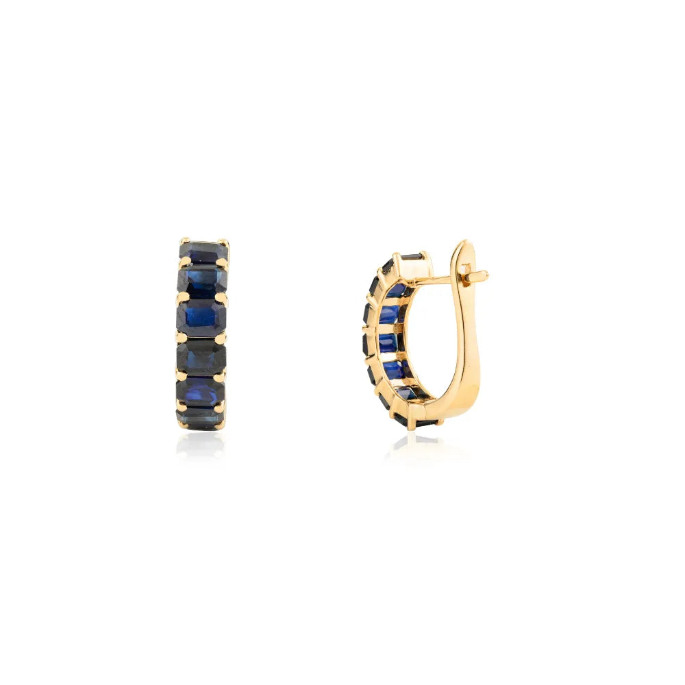Natural Blue Sapphire Octagon Cut Small Hoop Earrings Solid 14K Yellow Gold Fine Jewelry